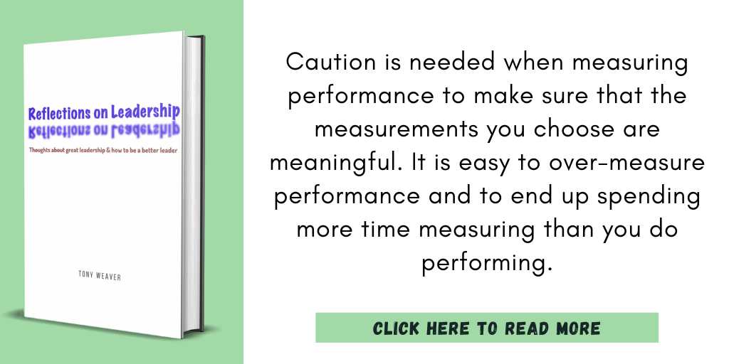 Excerpt from Reflections on Leadership:
"Caution is needed when measuring performance to make sure that the measurements you choose are meaningful. It is easy to over-measure performance and to end up spending more time measuring than you do performing."
Click here to read more.